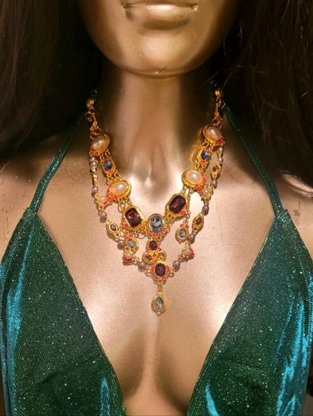 Luxurious Vintage French Palace Court Style Crystal Gold Statement Necklace